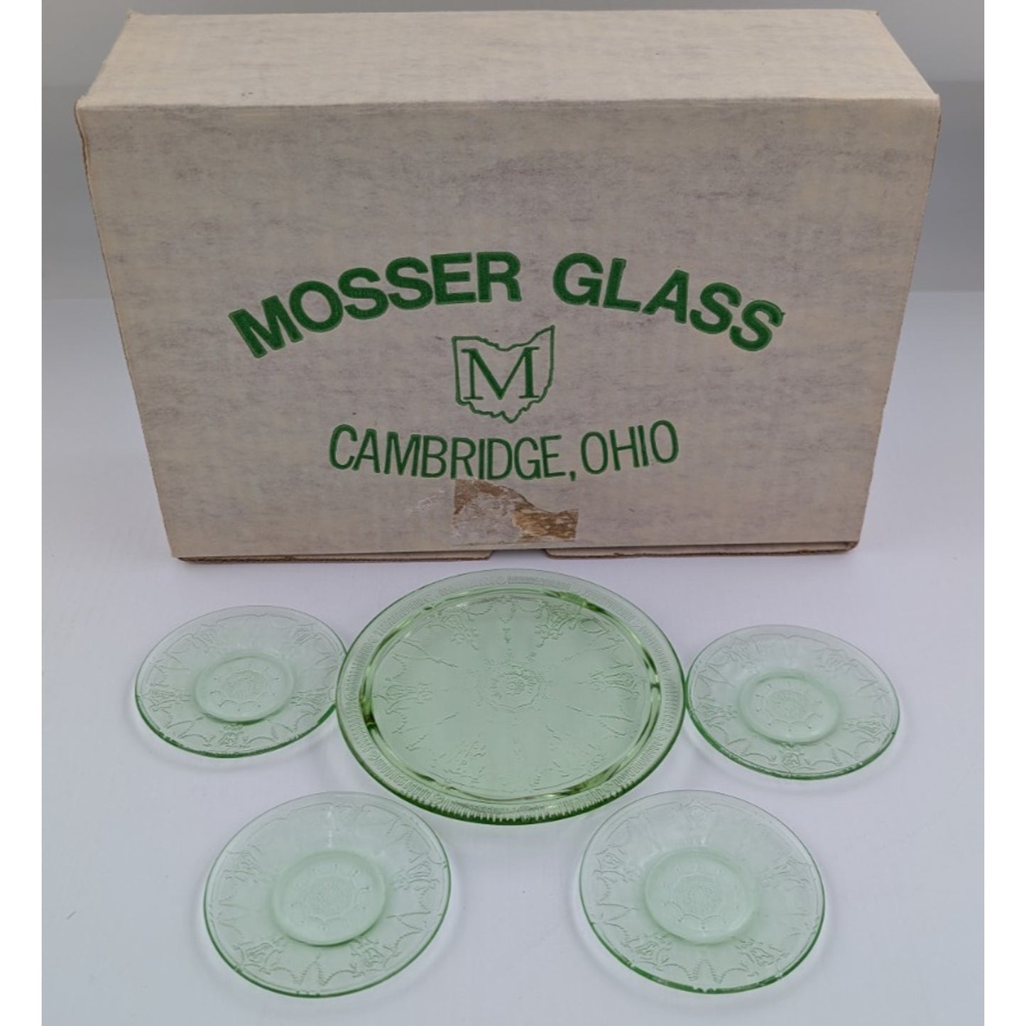 Vintage Mosser Green Glass Miniature Jennifer Set #4 - Cake Plate Dessert Set
