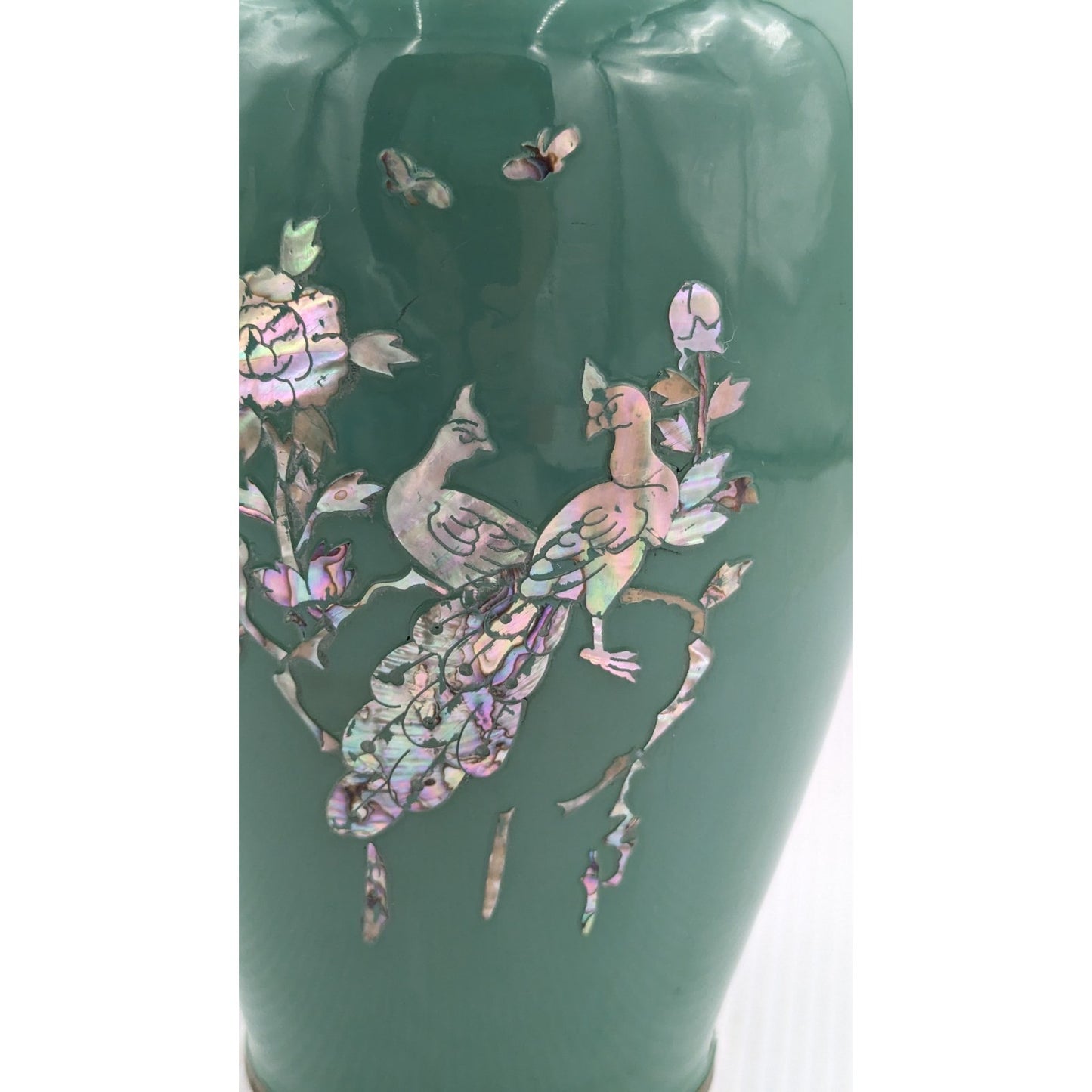 Green Enamel Brass Cloisonne Mother of Pearl Flower Bird Inlay Vase 10" Vintage