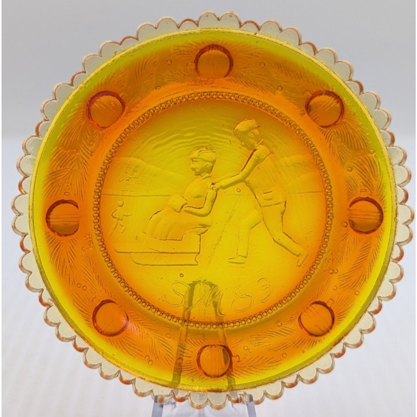 The Sandwich Skaters Glass Window Decor Pairpoint Cup Plate Marigold Amber VTG