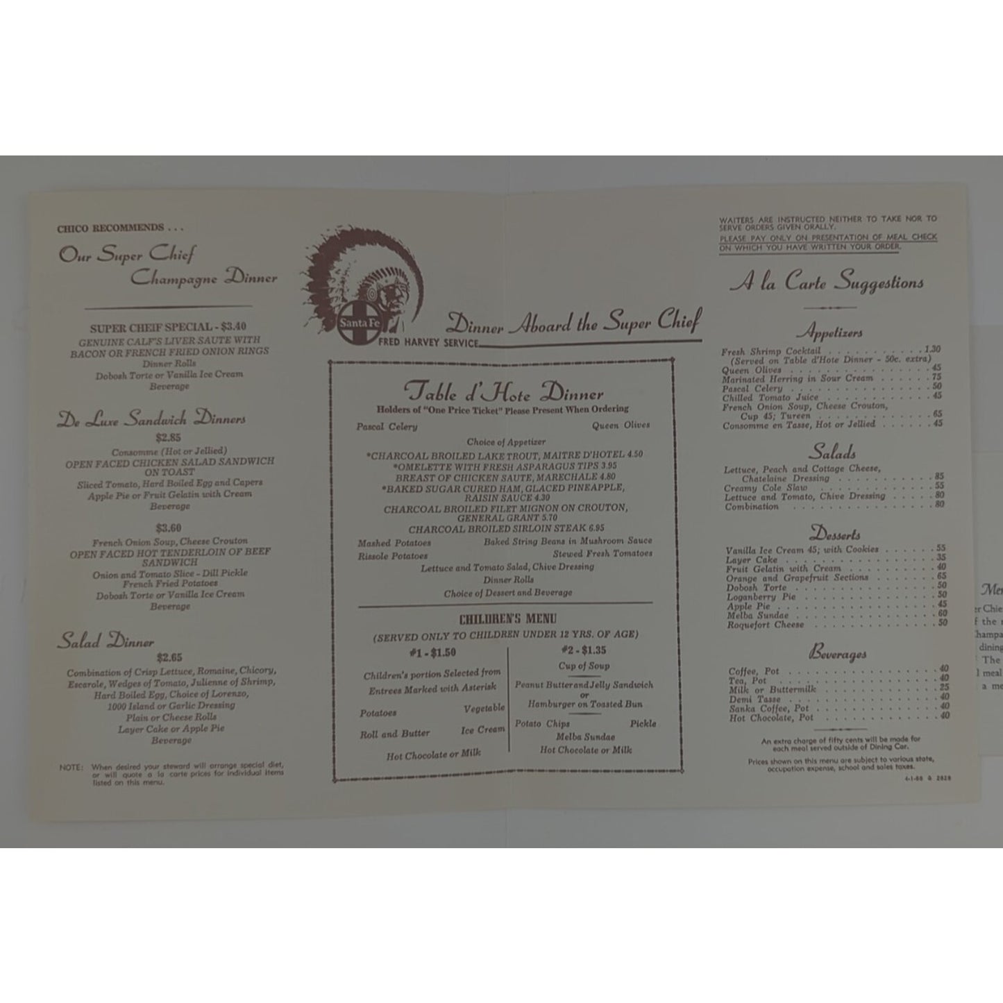 Santa Fe Railroad Super Chief Turquoise Room Menu Large 14" x 11"